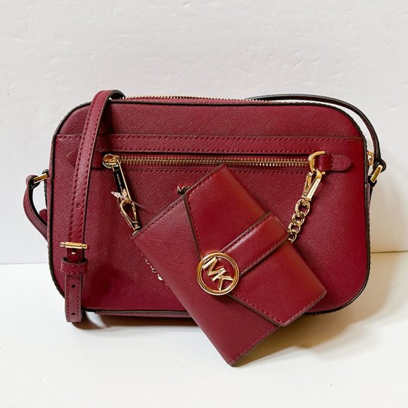 Michael Kors Jet Set Chain Crossbody Bag + Bifold Wallet Leather Mulberry - Picture 1 of 16